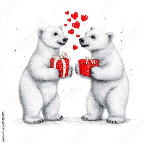 Two cartoon bears joyfully exchanging colorful gift boxes surrounded by floating hearts, celebrating love and friendship in a cheerful illustration