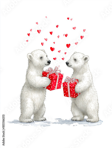 Two cartoon bears joyfully exchanging colorful gift boxes surrounded by floating hearts, celebrating love and friendship in a cheerful illustration