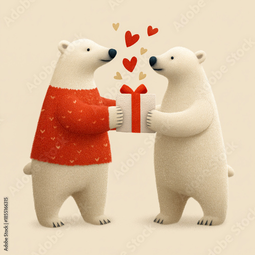 Two cartoon bears joyfully exchanging colorful gift boxes surrounded by floating hearts, celebrating love and friendship in a cheerful illustration