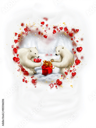 Two cartoon bears joyfully exchanging colorful gift boxes surrounded by floating hearts, celebrating love and friendship in a cheerful illustration