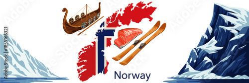 Norway travel illustration with Viking ship, fjord mountains, skis and salmon on Norwegian map, winter Scandinavian tourism banner