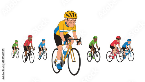 Group of diverse cyclists, including an elderly man in the lead, actively participating in a road cycling race or event.