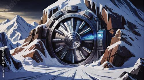 Futuristic mountain vault door in snowy arctic landscape, secure underground bank safe, sci fi winter security concept illustration