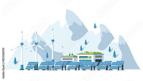 Modern renewable energy power plant featuring numerous solar panels and several wind turbines set against a backdrop of majestic mountains.