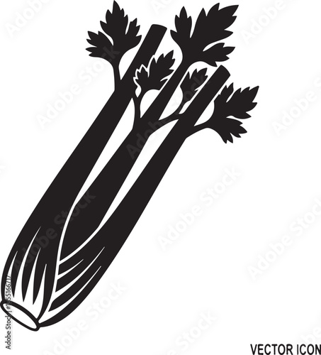 Black silhouette of celery stalks with leaves on white background vegetable food