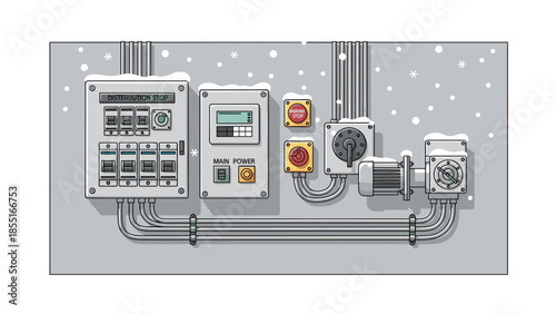 Complex industrial electrical control panel and motor mounted on a grey wall, depicted with snowflakes falling gently.