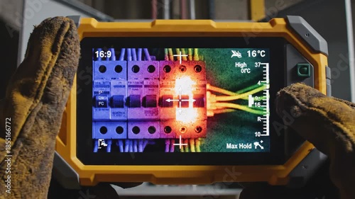 Deep within the heart of an industrial setting, skilled hands examine electrical circuits using a thermal camera. Vibrant colors reveal temperature variations, ensuring system efficiency and safety.