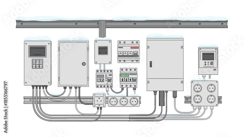 Assorted electrical control panels, power sockets, and switches arranged on a white background, lightly dusted with snow.