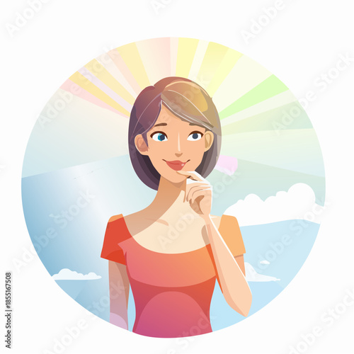 Woman with short hair thinking with a background of sun rays and clouds.