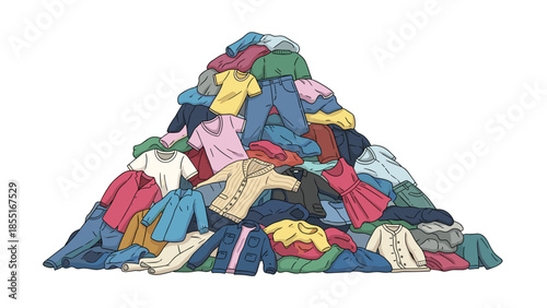 Enormous, colorful pile of various garments including shirts, pants, and dresses, illustrating a daunting amount of laundry work.