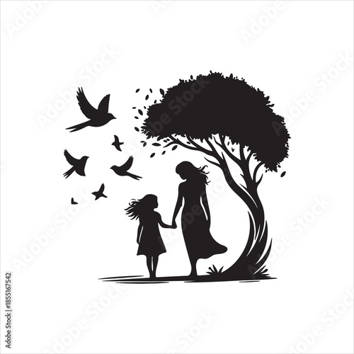 Woman and child standing under tree with flying birds silhouette nature illustration