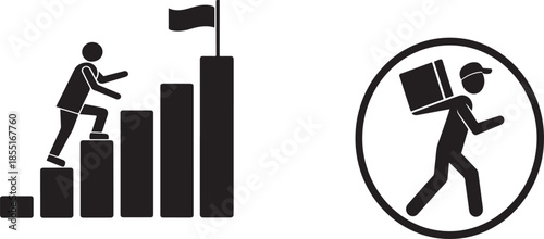 Businessman climbing up bar graph to reach success flag carrying large box on shoulder in red circle.