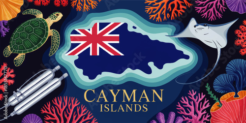 Cayman Islands underwater travel illustration with tropical coral reef, sea turtle, stingray, scuba diving tanks and island flag map
