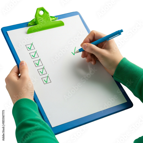 Person checking items on clipboard isolated on transparent background