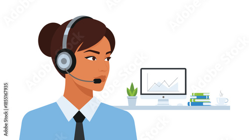 Professional female call center operator with a headset looking away, seated in an office setting with a computer monitor displaying a chart.