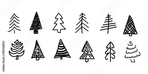 Collection of 10 unique hand drawn christmas tree illustrations