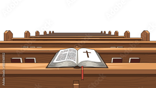 Open holy Bible prominently placed on a pew in the foreground, with rows of empty wooden church pews extending into the background.