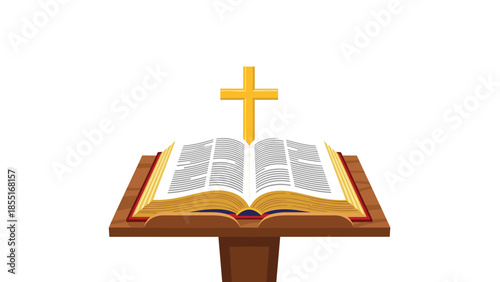 Open holy Bible resting on a wooden pulpit, with a prominent golden cross standing behind it, symbolizing Christian worship.