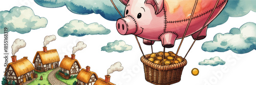 Whimsical flying piggy bank balloon with gold coins over fairy tale village, watercolor money savings and investment concept illustration