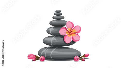 Elegant stack of smooth grey spa stones arranged in a harmonious pyramid, adorned with delicate pink plumeria flowers and buds.