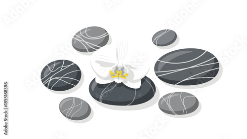 Serene arrangement of scattered smooth grey spa stones surrounding a delicate white orchid flower, evoking peace and wellness.