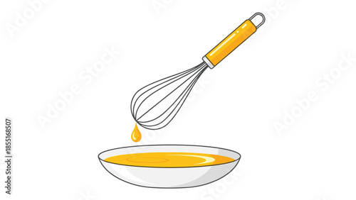 Yellow-handled whisk with a golden drop of liquid dripping into a white bowl filled with a vibrant yellow mixture.
