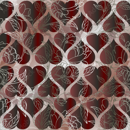 Seamless romantic heart pattern with floral line art and textured background, red and burgundy tones. Decorative vector design for Valentine’s Day, wedding projects, gift wrapping, packaging, textiles