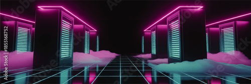 Futuristic neon data center corridor with cyberpunk servers, glowing grid floor and colorful cloud computing concept background