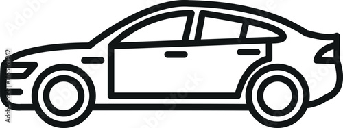 Simple black and white line drawing of a modern sedan car side view
