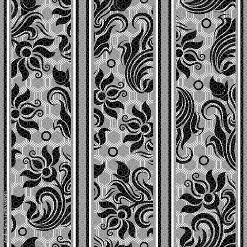 Seamless ornamental striped pattern with abstract floral elements and geometric hexagon background in black, white and gray colors. Modern decorative repeating design suitable for textile, fabric