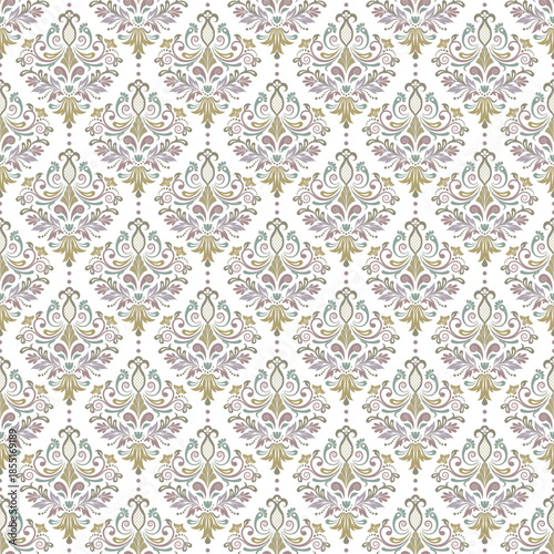 seamless vector pattern with decorative damask floral ornament in soft pastel colors on white background. elegant vintage background suitable for wallpaper, textile, fabric, wrapping paper