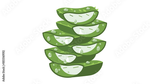 Refreshing stack of vibrant green aloe vera slices, adorned with glistening water drops, representing natural skincare and health.
