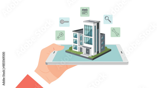 Hand holding a digital tablet displaying a 3D building model with various management icons, symbolizing a modern property management application.