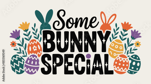 Some bunny special easter illustration with colorful eggs and spring flowers Vector