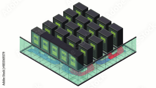 Isometric data center server room illustration with green racks, cooling airflow, glass walls and network cable floor graphics