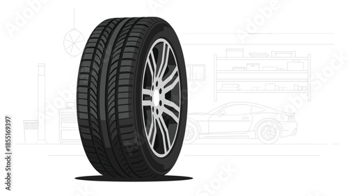 Detailed illustration of a single car tire with a modern chrome rim, set against a faintly outlined garage workshop background.