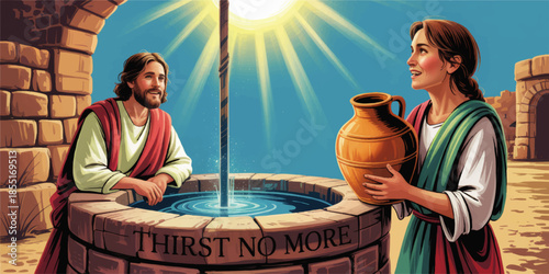 Jesus and Samaritan Woman at the Well Illustration, Living Water, Thirst No More Bible Story, Christian Faith Concept Art
