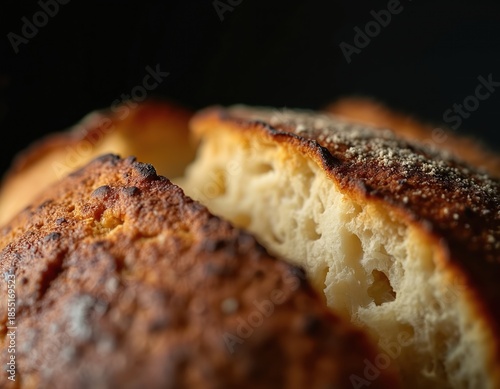 Artisan bread close up shows crisp crust and airy crumb texture. Baked loaf is golden brown with scattered flour. Fresh baked goods on dark background, perfect for food blogs.