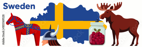Sweden travel illustration with Scandinavian symbols, Swedish flag map, Dala horse, elk, Viking helmet and lingonberry jam