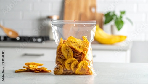 Clear plastic bag of yellow plantain chips on white countertop in modern kitchen with spice jars and plant.