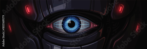 Futuristic cybernetic eye close up with blue iris and glowing red lights, dark sci fi artificial intelligence surveillance concept