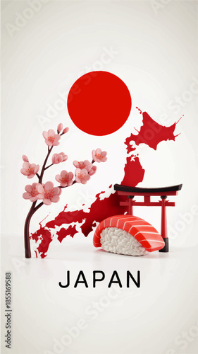 Japan travel concept with sushi, cherry blossoms, torii gate and red map under rising sun on minimalist light background