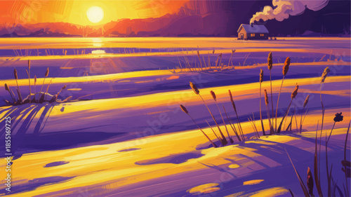 Winter sunset landscape illustration with glowing orange sky, snowy field, cabin with smoke, frozen lake and silhouetted reeds