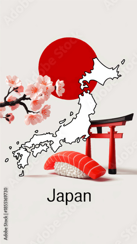 Japan travel poster with red sun, map silhouette, cherry blossoms, torii gate and sushi on light background, modern illustration