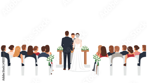 Intimate wedding ceremony showing the bride and groom at the altar, viewed from behind, with rows of seated guests in attendance.
