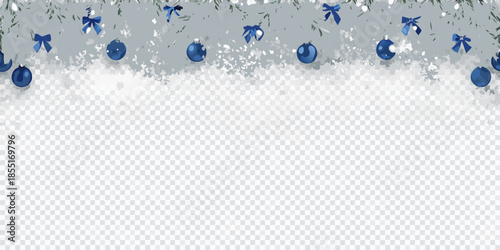 Blue christmas ornaments and ribbons on a snowy transparent background