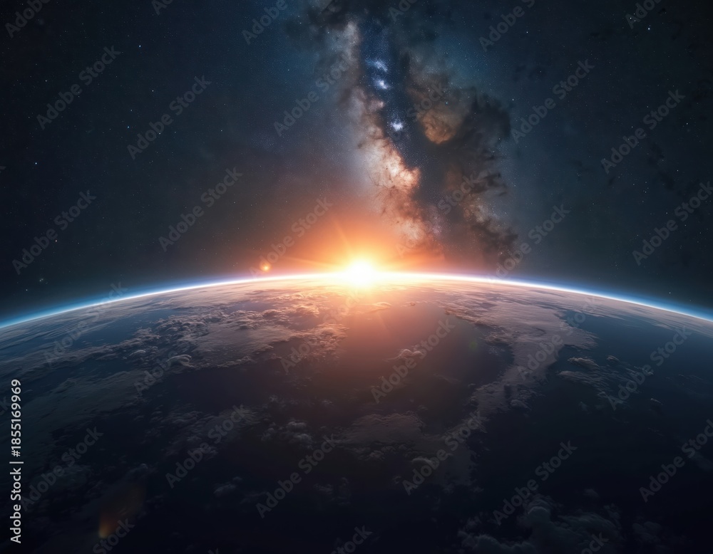 Obraz premium Sunrise over Earth horizon from space. Sun rays shine through Milky Way galaxy. Clouds on planet surface appear illuminated. Global network concept background.