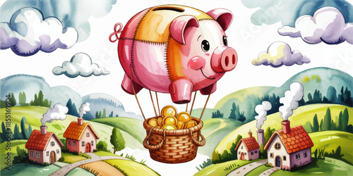 Cute piggy bank hot air balloon with gold coins over countryside village, whimsical financial savings and investment illustration