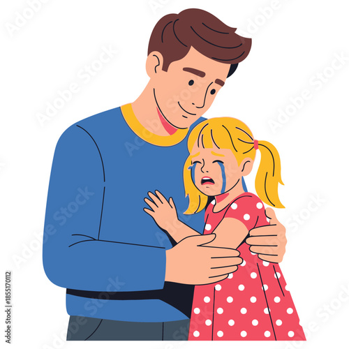 Father Comforting His Crying Daughter Illustration.