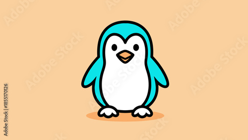 Cartoon illustration of a cute, blue penguin with a white belly and small orange beak on a peach background.